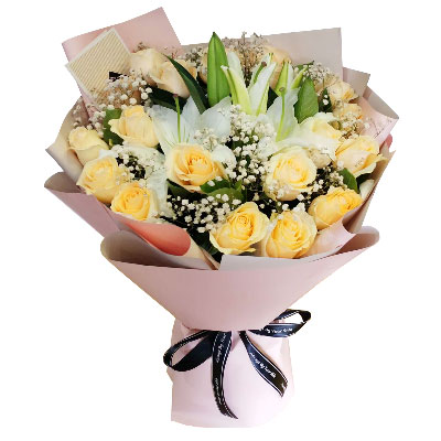 来宾17朵香槟玫瑰百合，爱不惧风雨