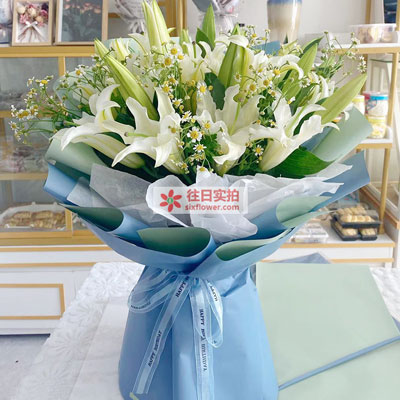 来宾8支白色多头百合洋甘菊，互倾的思念