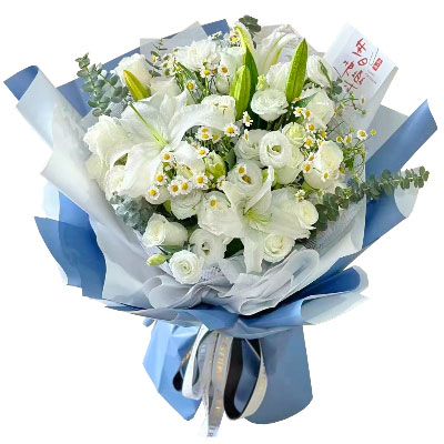 来宾11朵白玫瑰桔梗百合，爱永恒不息
