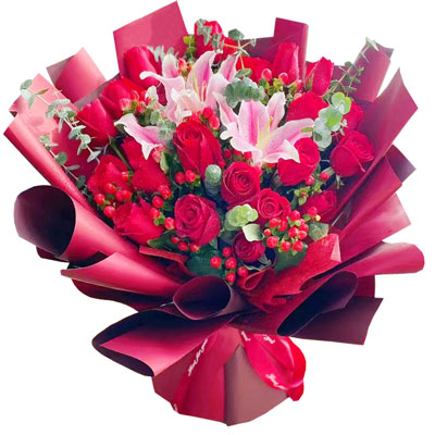 来宾22朵红玫瑰百合，爱的火焰